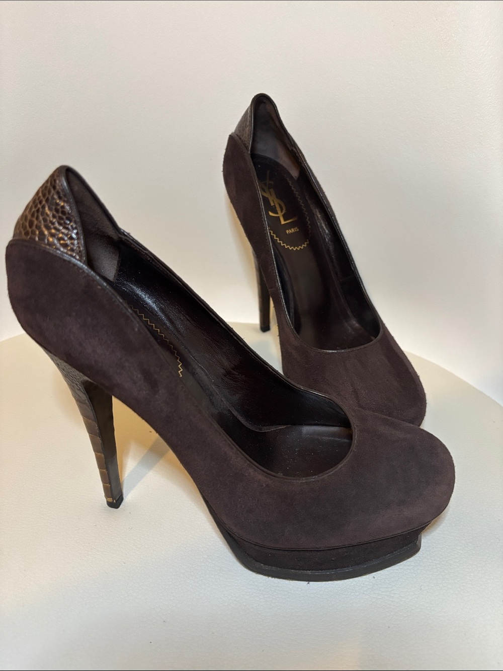 Saint Laurent Dark Brown Suede Platform Pumps with Textured Heel